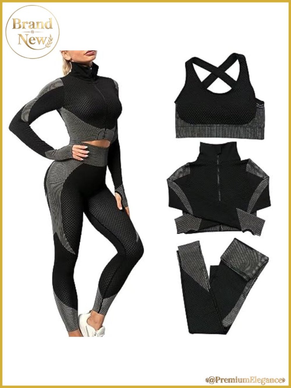 Seamless 3-Piece Workout Set Leggings Sports Bra Zip Crop Top Yoga Gym